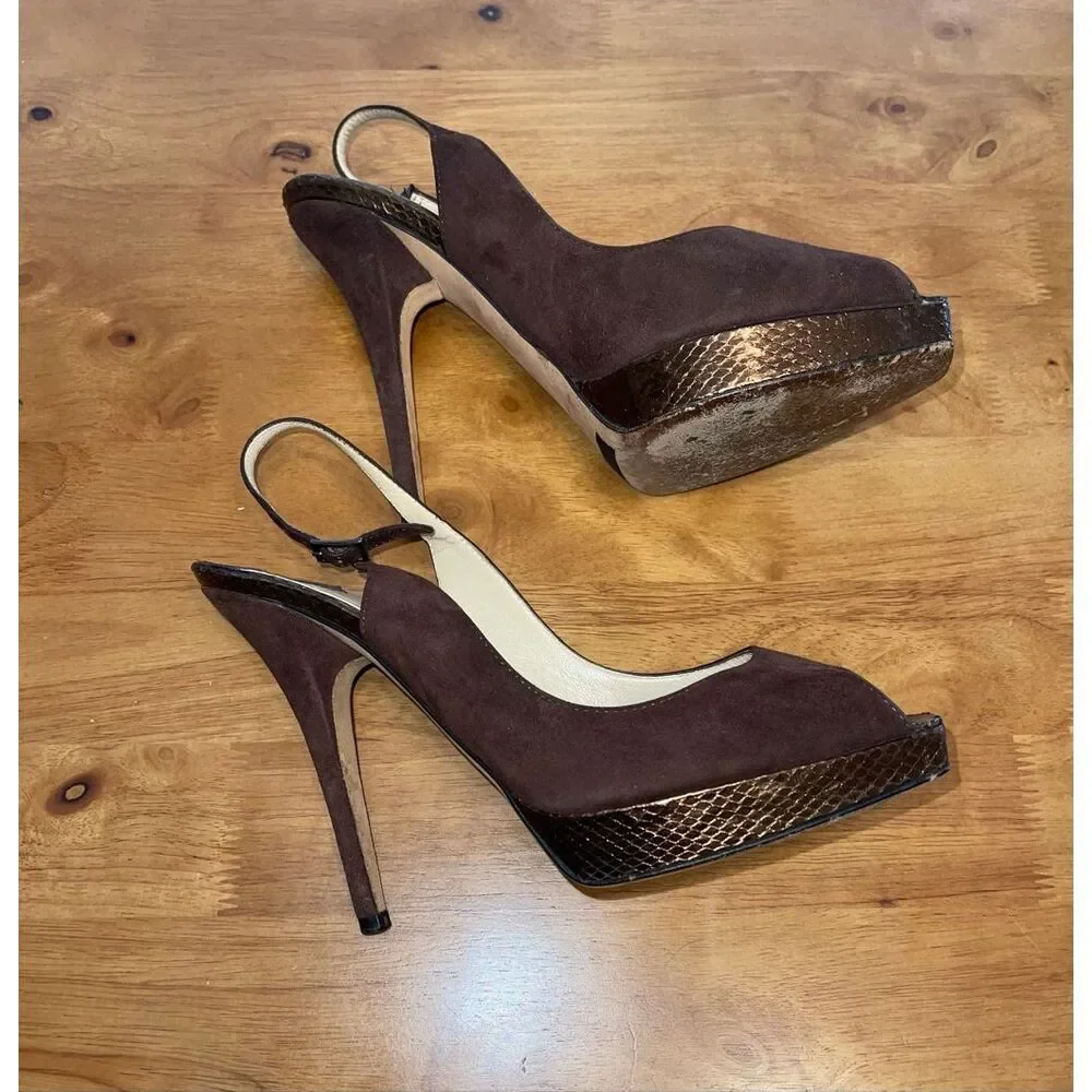 Jimmy‎ Choo Suede Open Toe Pumps Slingback Heels Brown 37.5-7